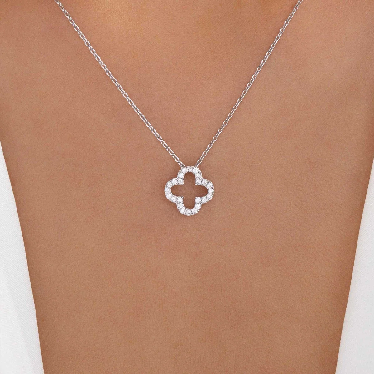 Delicate 925 sterling silver Open Clover Pavé Necklace