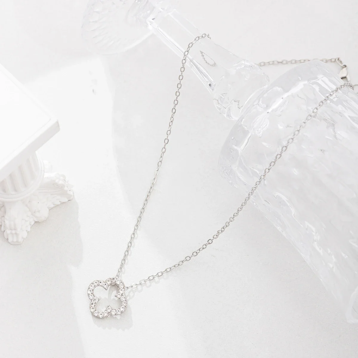 Delicate 925 sterling silver Open Clover Pavé Necklace