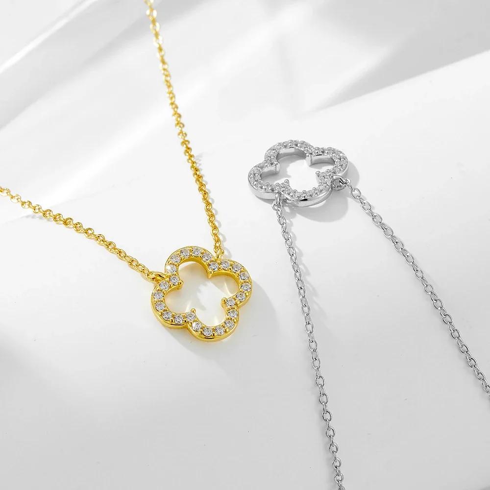 Delicate 925 sterling silver Open Clover Pavé Necklace