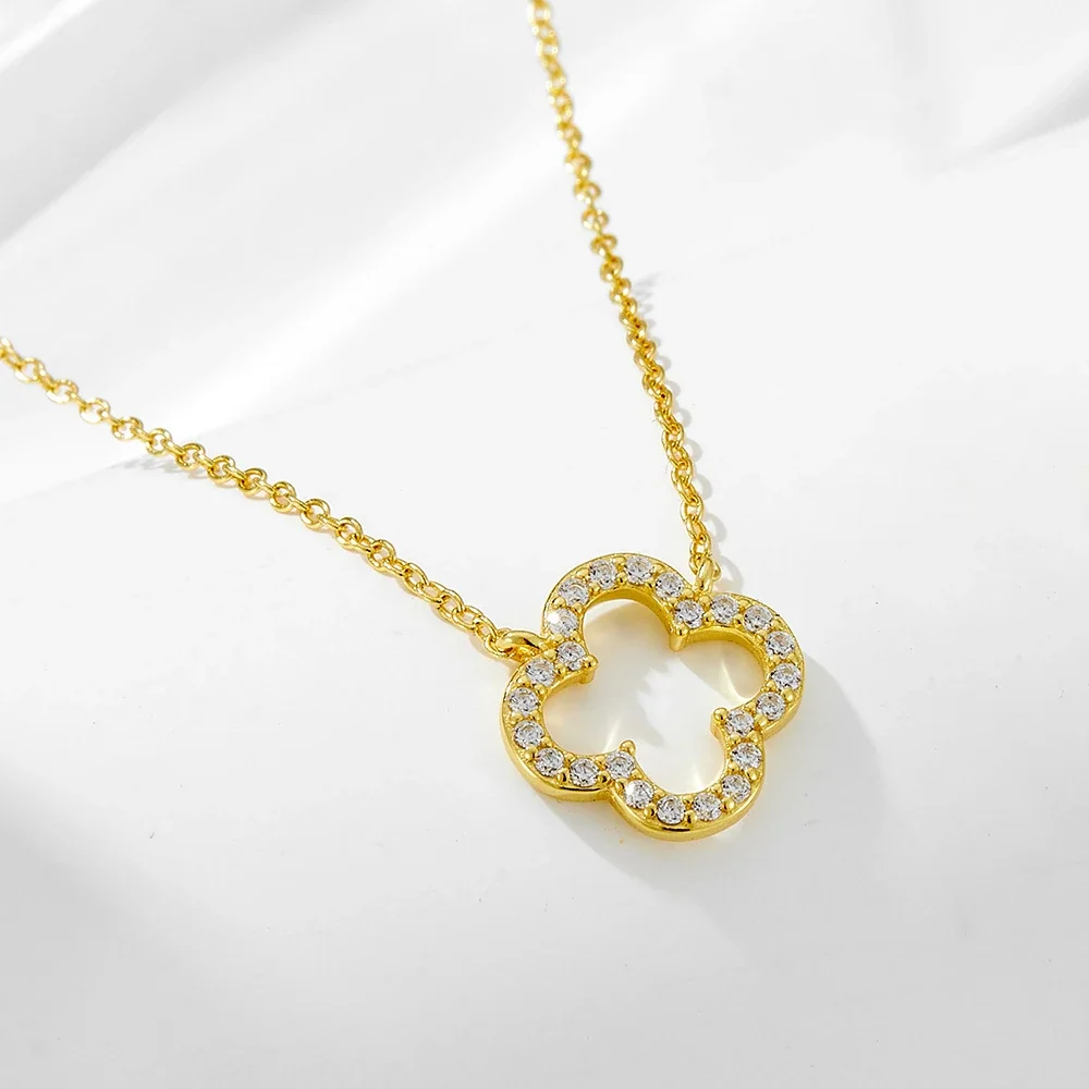 Delicate 925 sterling silver Open Clover Pavé Necklace - Gold