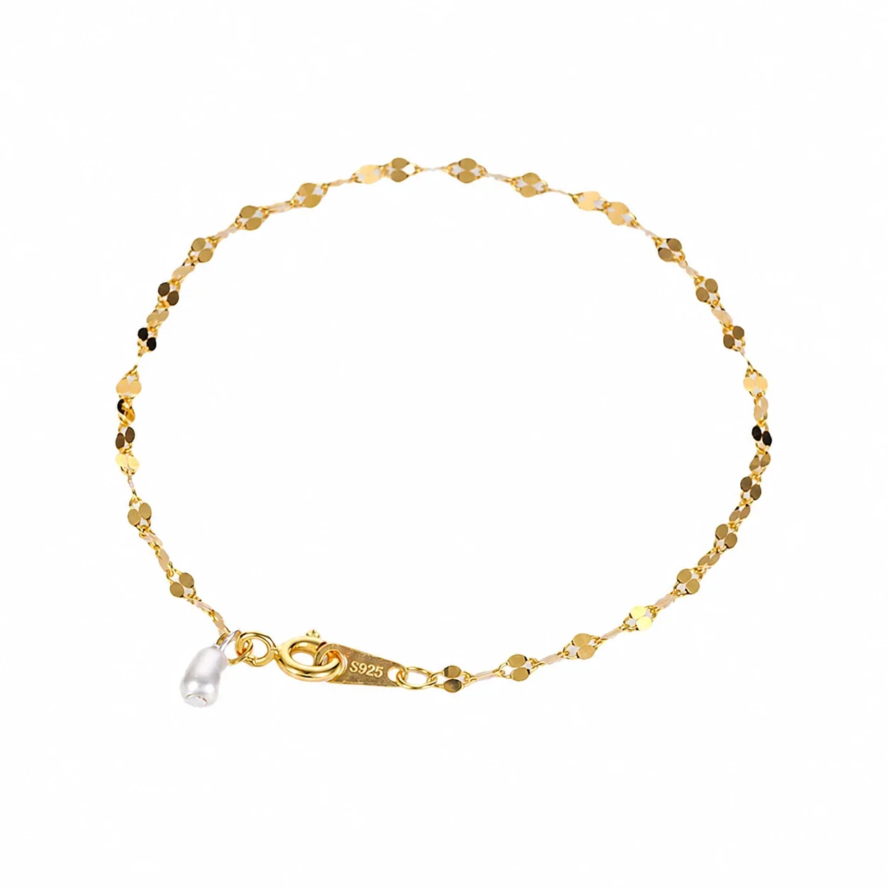 Delicate 925 Sterling Silver Sequin Pearl Chain Bracelet
