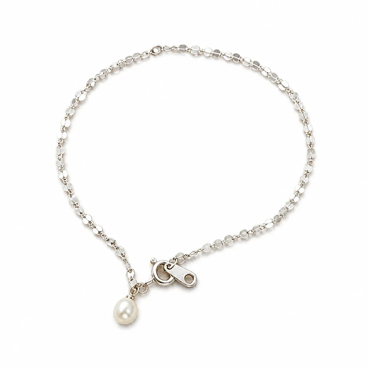 Delicate 925 Sterling Silver Sequin Pearl Chain Bracelet