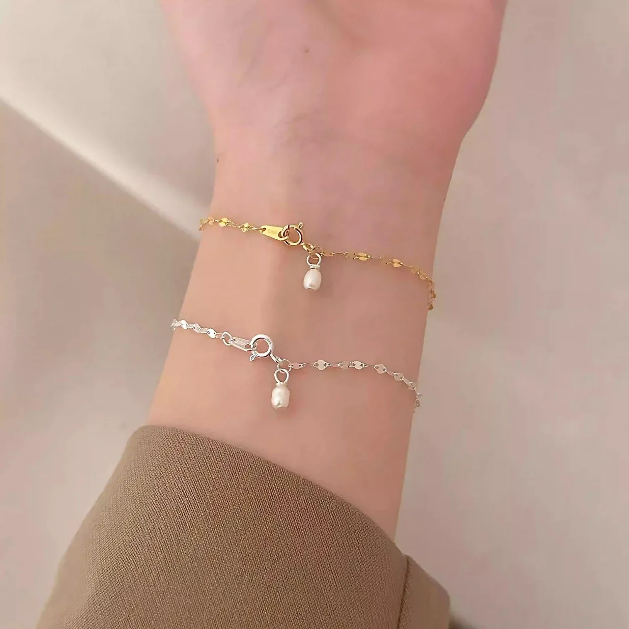 Delicate 925 Sterling Silver Sequin Pearl Chain Bracelet