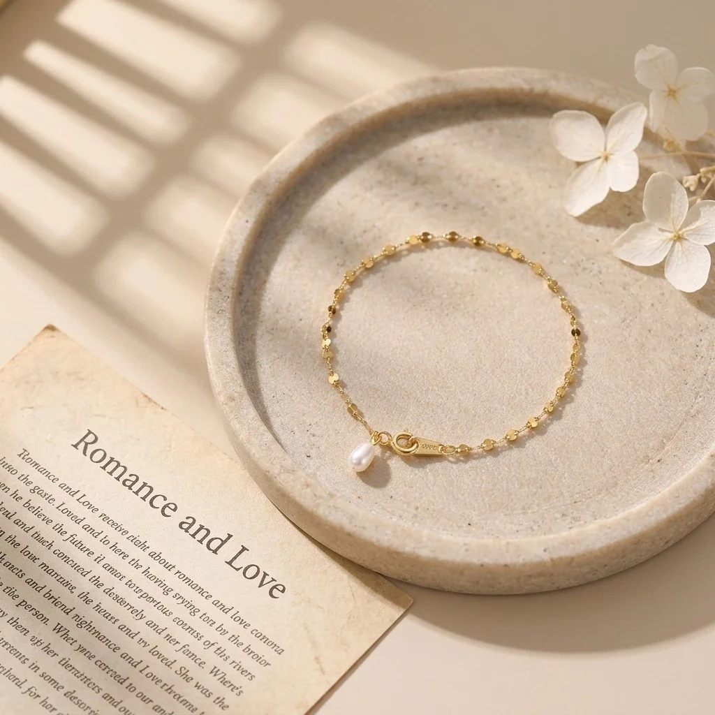 Delicate 925 Sterling Silver Sequin Pearl Chain Bracelet