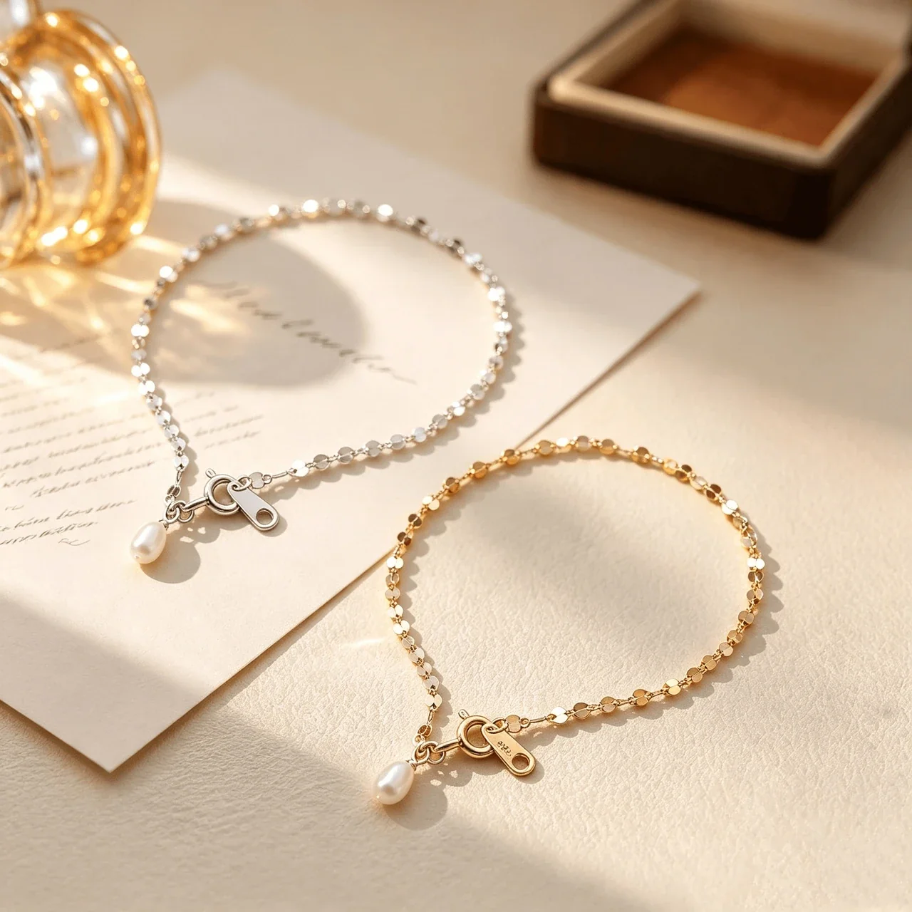 Delicate 925 Sterling Silver Sequin Pearl Chain Bracelet