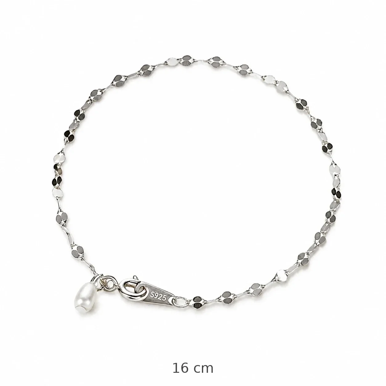 Delicate 925 Sterling Silver Sequin Pearl Chain Bracelet - Silver 16 cm