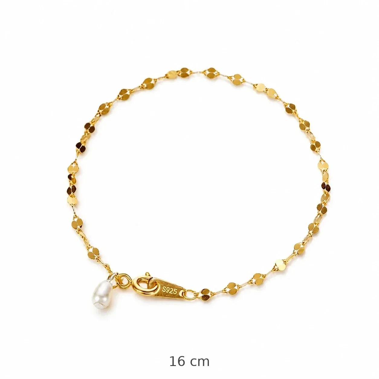 Delicate 925 Sterling Silver Sequin Pearl Chain Bracelet - Gold 16 cm