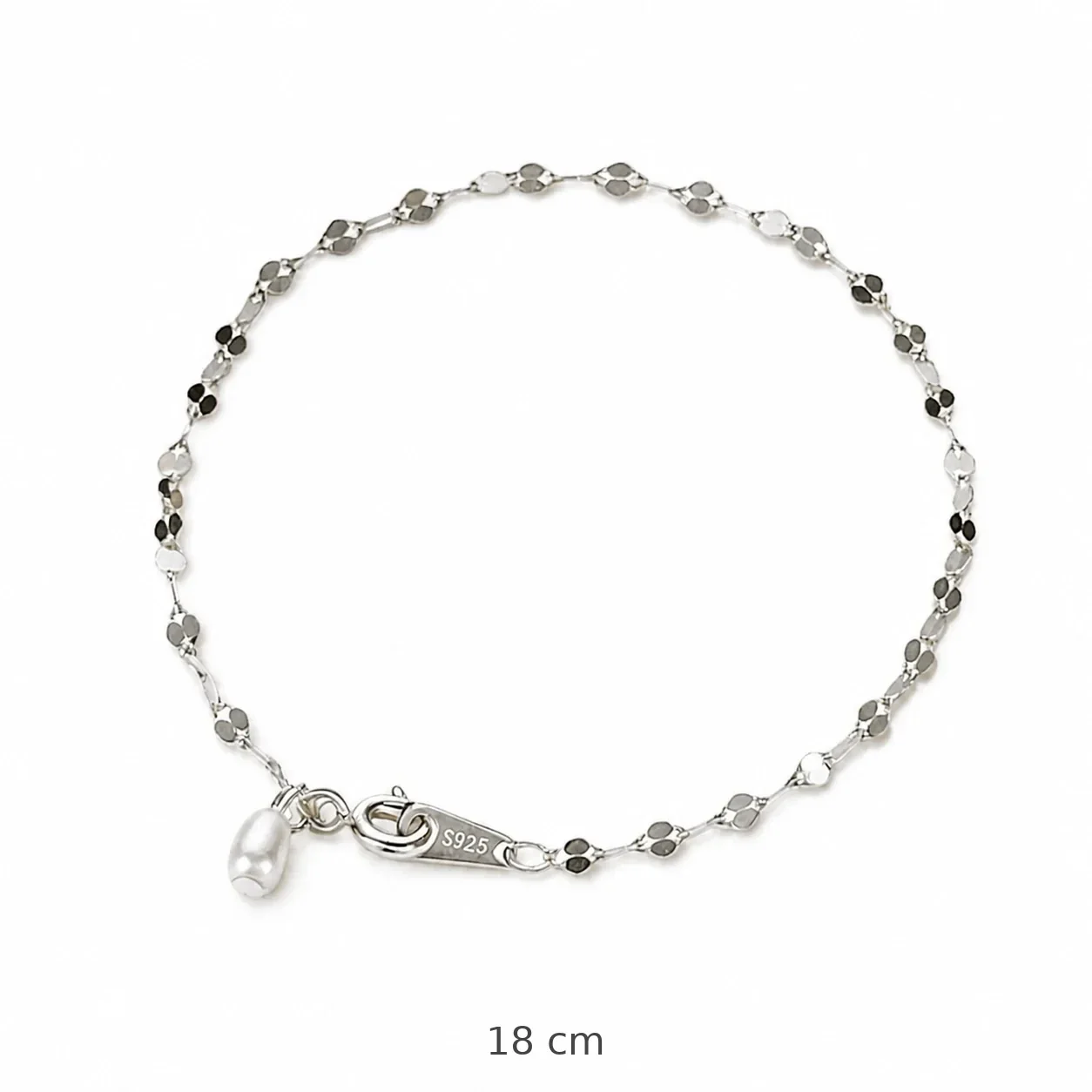 Delicate 925 Sterling Silver Sequin Pearl Chain Bracelet - Silver 18 cm