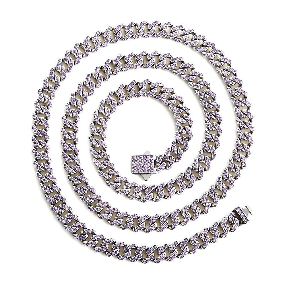 Iced Pavé Cuban Link Stainless Steel Chain Necklace - Silver Square 6 mm Blue CZ