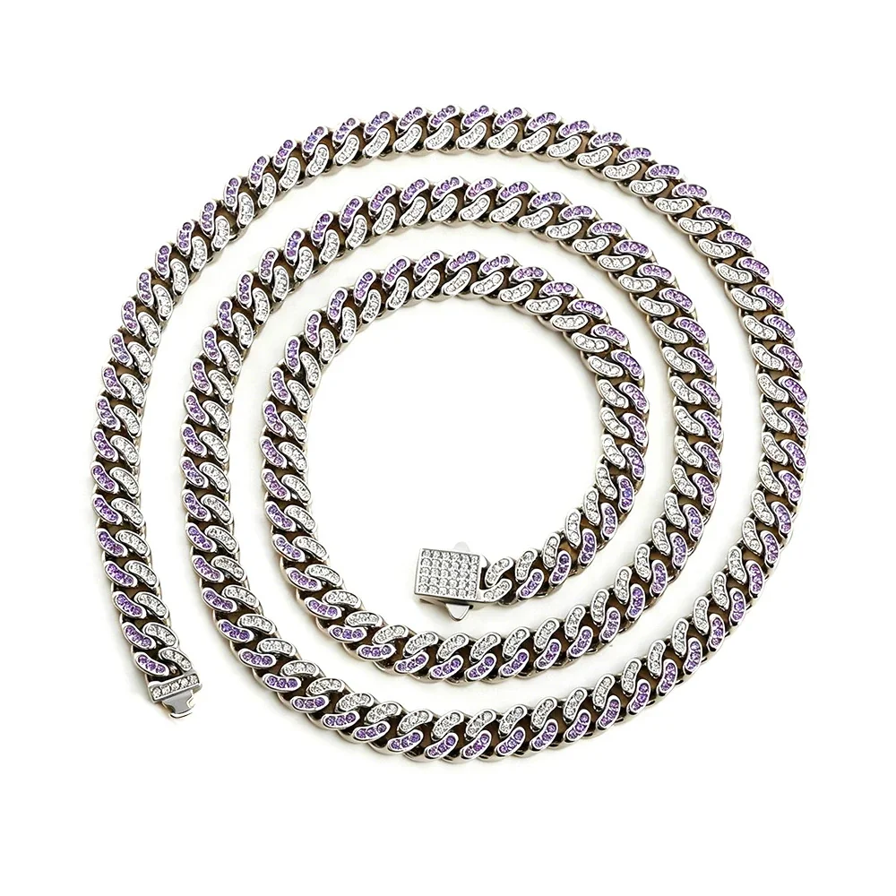 Iced Pavé Cuban Link Stainless Steel Chain Necklace - Silver Curved 6 mm Blue and Clear CZ
