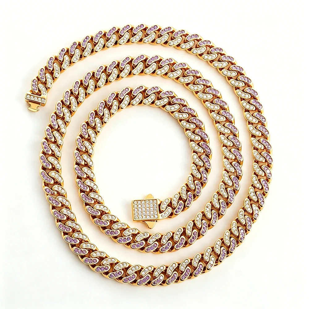 Iced Pavé Cuban Link Stainless Steel Chain Necklace - Gold Curved 6 mm Blue and Clear CZ