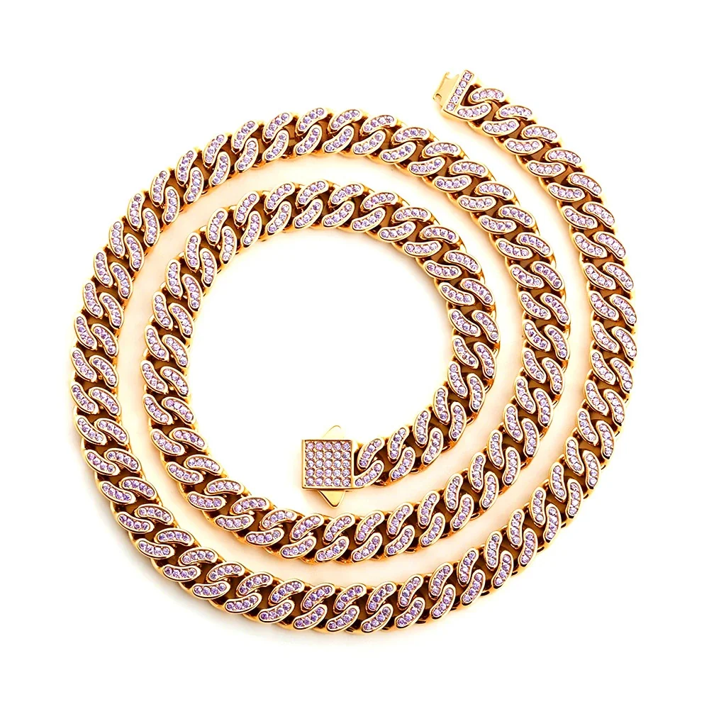 Iced Pavé Cuban Link Stainless Steel Chain Necklace - Gold Curved 8 mm Blue CZ