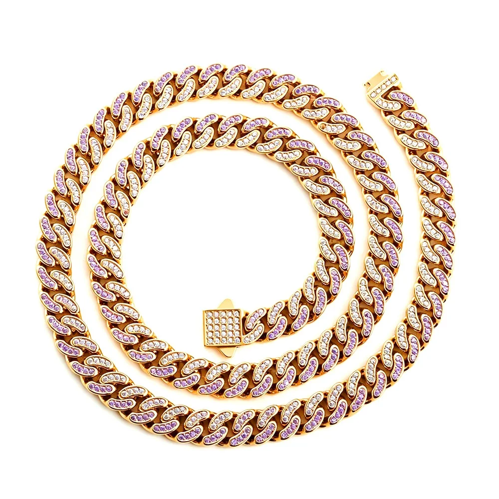 Iced Pavé Cuban Link Stainless Steel Chain Necklace - Gold Curved 8 mm Blue and Clear CZ