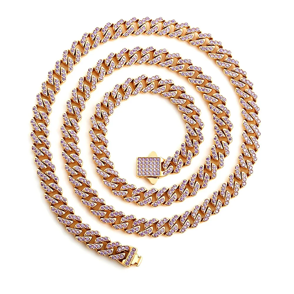 Iced Pavé Cuban Link Stainless Steel Chain Necklace - Gold Square 6 mm Blue CZ