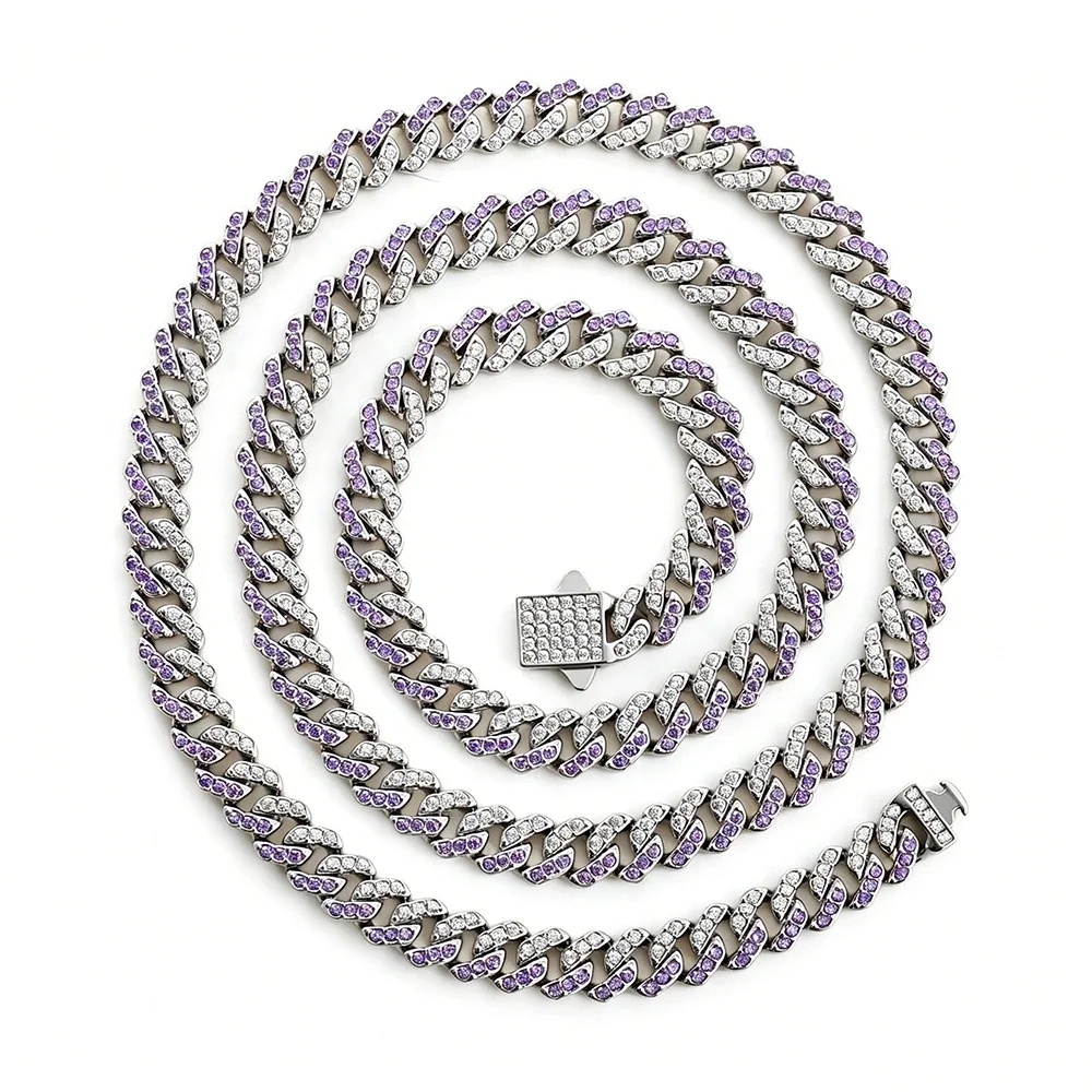 Iced Pavé Cuban Link Stainless Steel Chain Necklace - Silver Square 6 mm Blue and Clear CZ