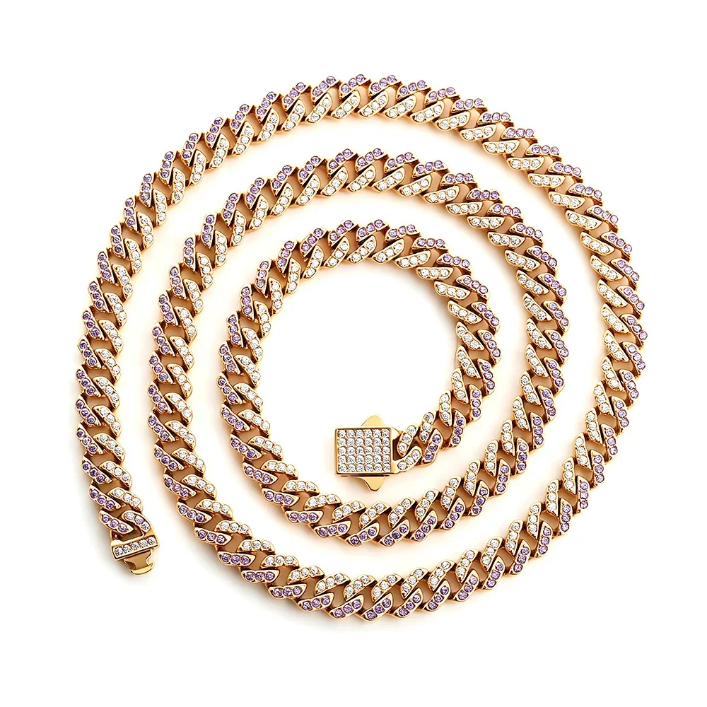 Iced Pavé Cuban Link Stainless Steel Chain Necklace - Gold Square 6 mm Blue and Clear CZ