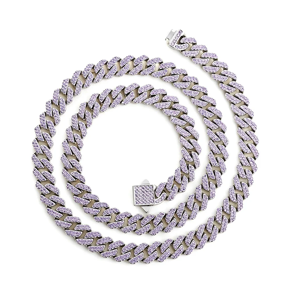 Iced Pavé Cuban Link Stainless Steel Chain Necklace - Silver Square 8 mm Blue CZ