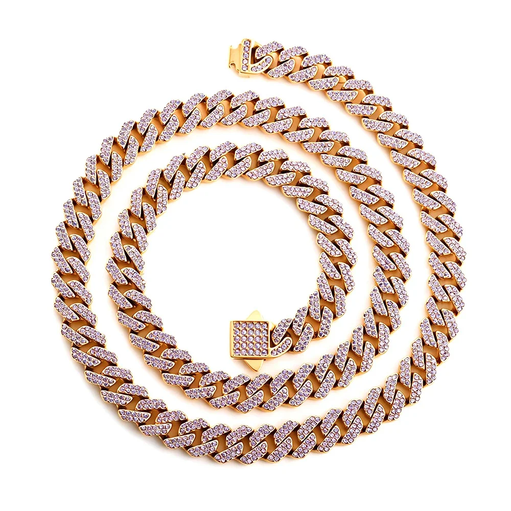 Iced Pavé Cuban Link Stainless Steel Chain Necklace - Gold Square 8 mm Blue CZ