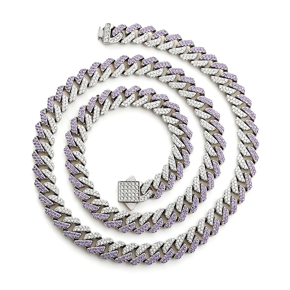 Iced Pavé Cuban Link Stainless Steel Chain Necklace - Silver Square 8 mm Blue and Clear CZ