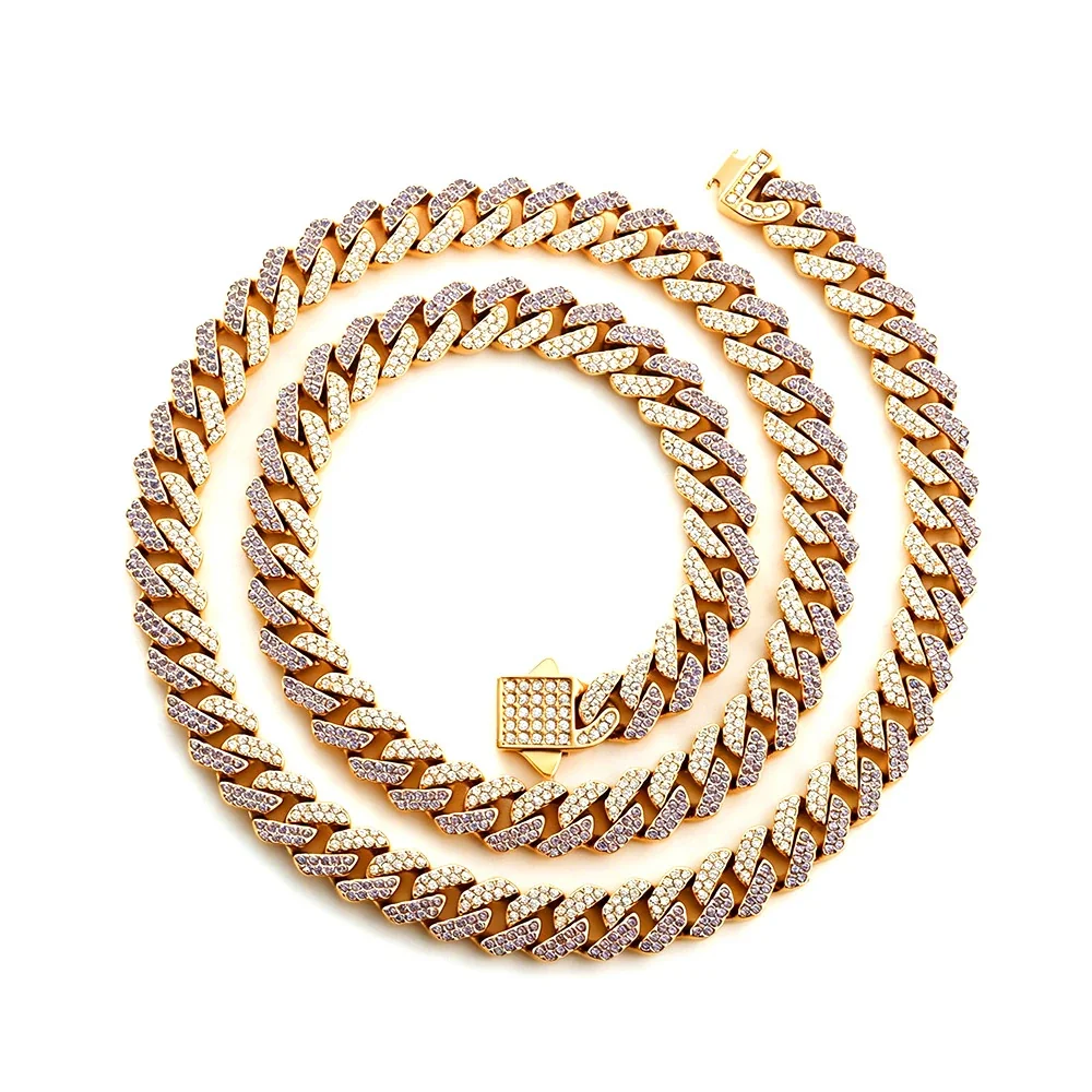 Iced Pavé Cuban Link Stainless Steel Chain Necklace - Gold Square 8 mm Blue and Clear CZ