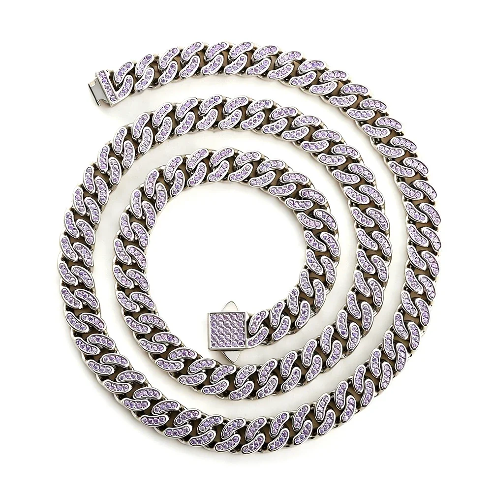 Iced Pavé Cuban Link Stainless Steel Chain Necklace - Silver Curved 6 mm Blue CZ