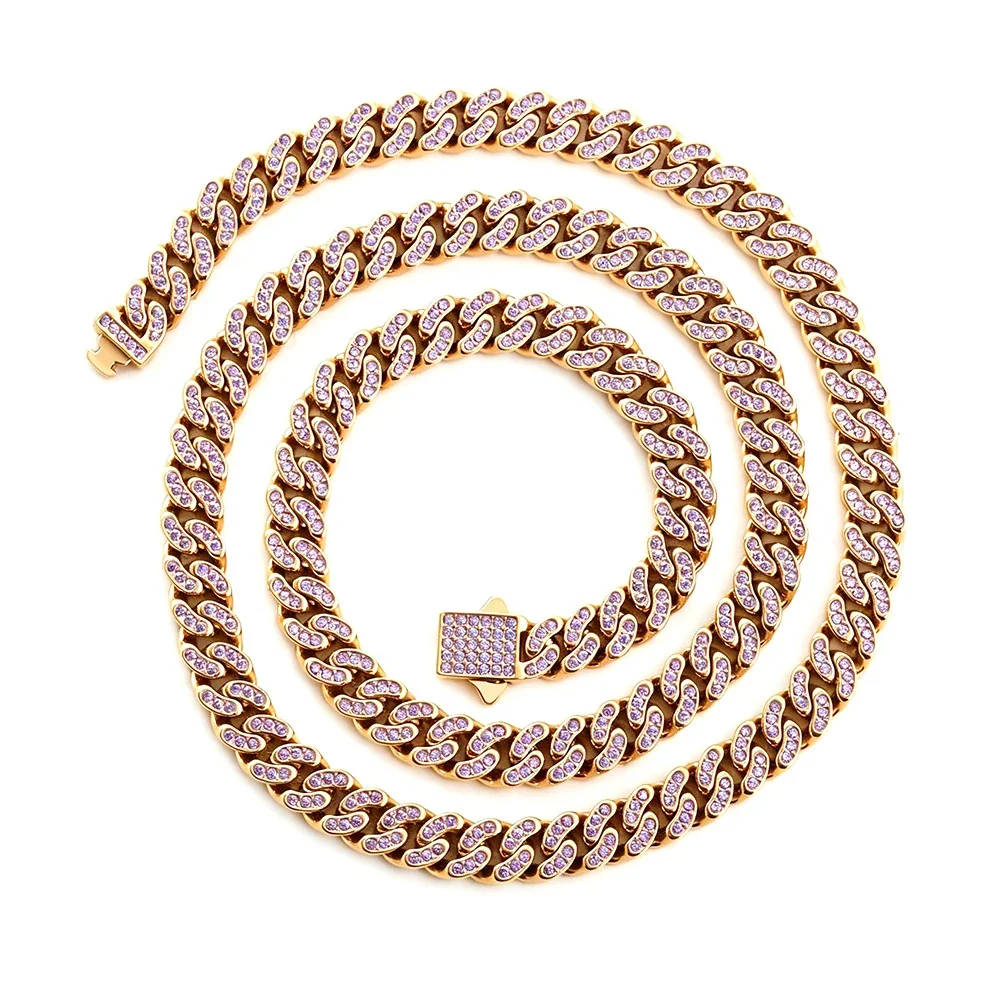 Iced Pavé Cuban Link Stainless Steel Chain Necklace - Gold Curved 6 mm Blue CZ