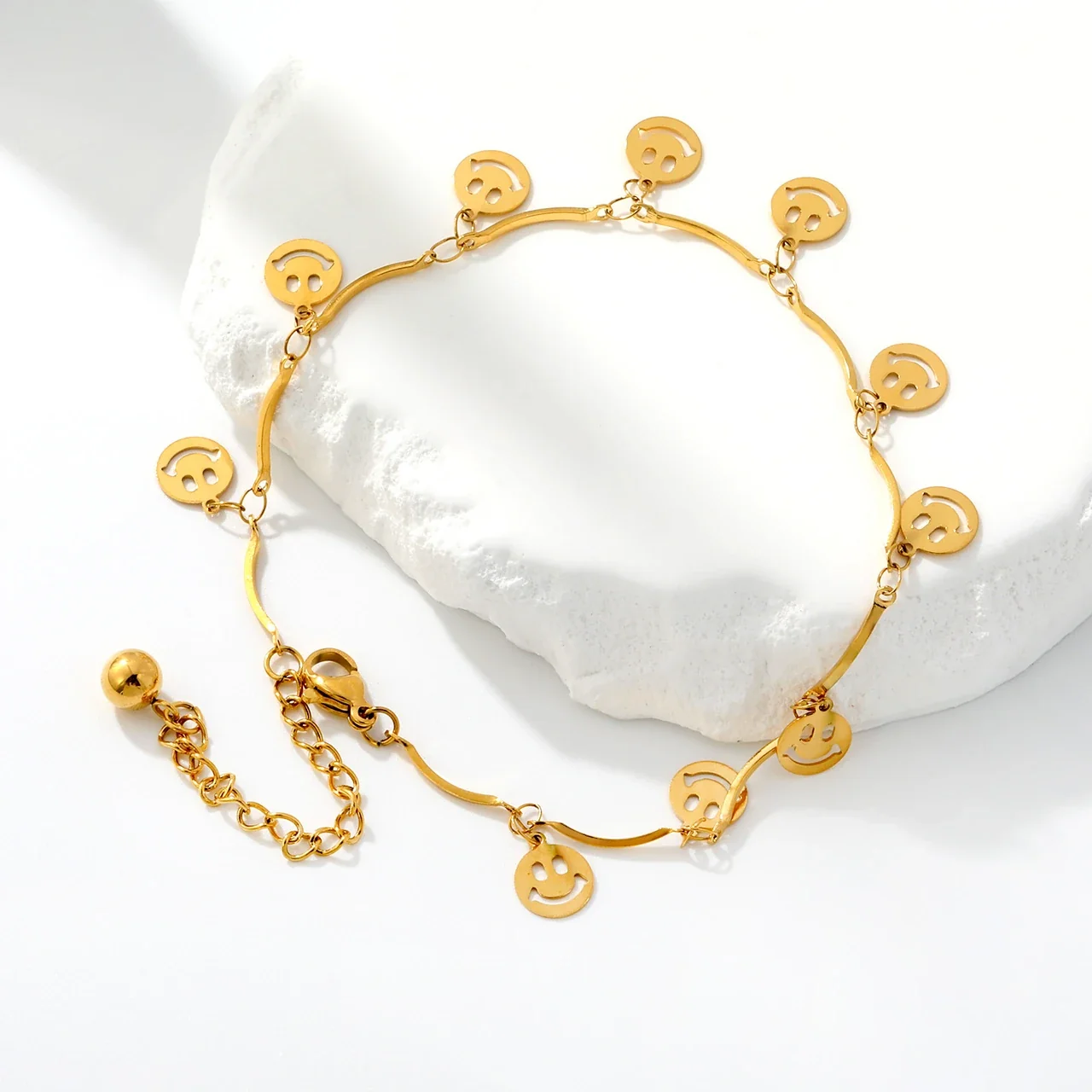 Playful Stainless Steel Smile Charm Wavy Chain Anklet
