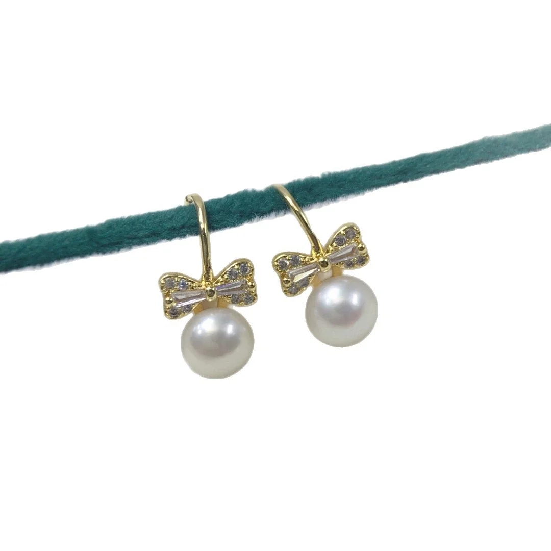 Delicate Gold-Plated Bow Baguette CZ Freshwater Pearl Drop Earrings