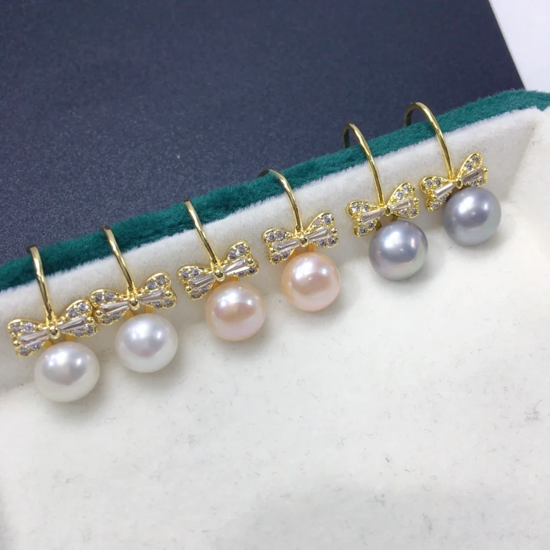 Delicate Gold-Plated Bow Baguette CZ Freshwater Pearl Drop Earrings