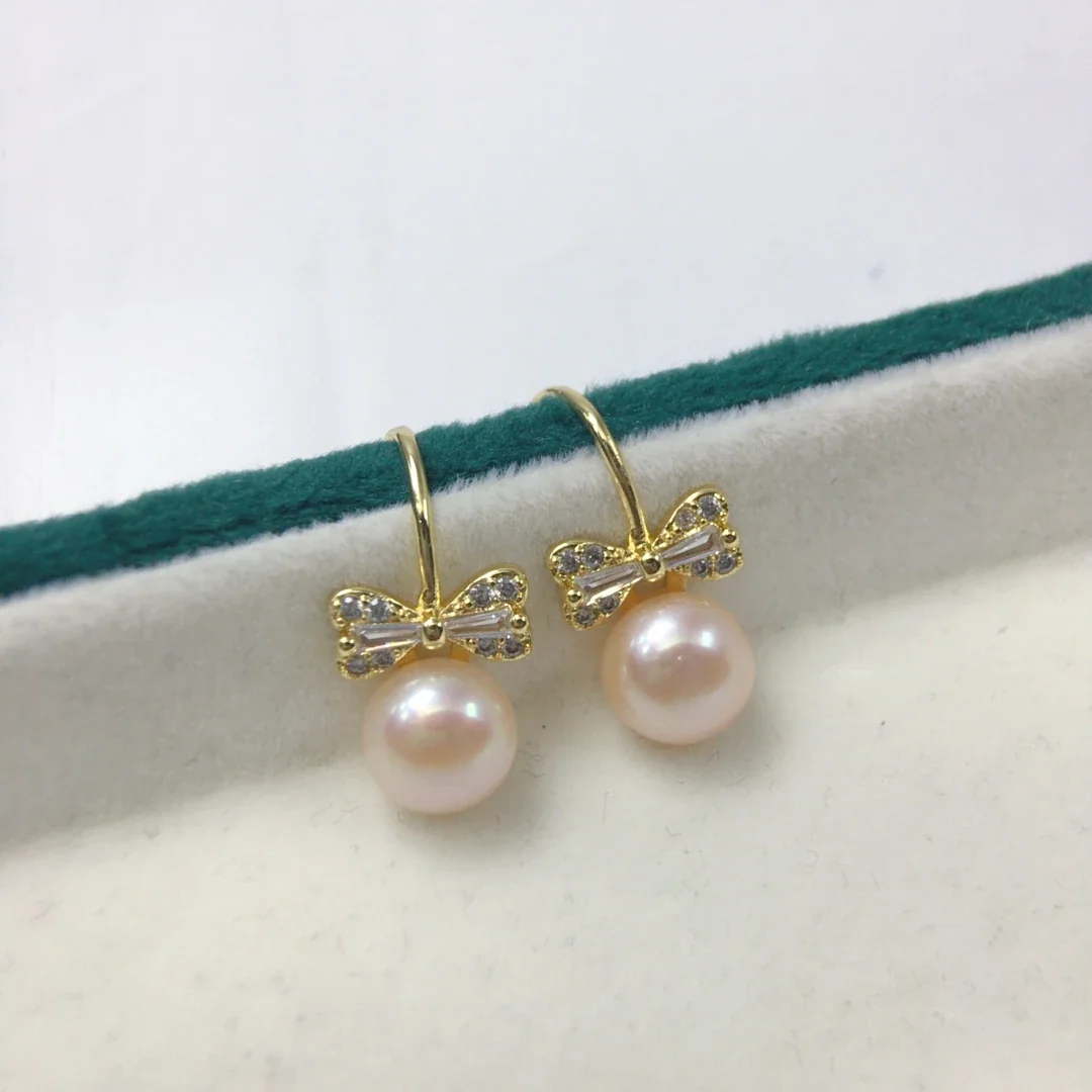 Delicate Gold-Plated Bow Baguette CZ Freshwater Pearl Drop Earrings