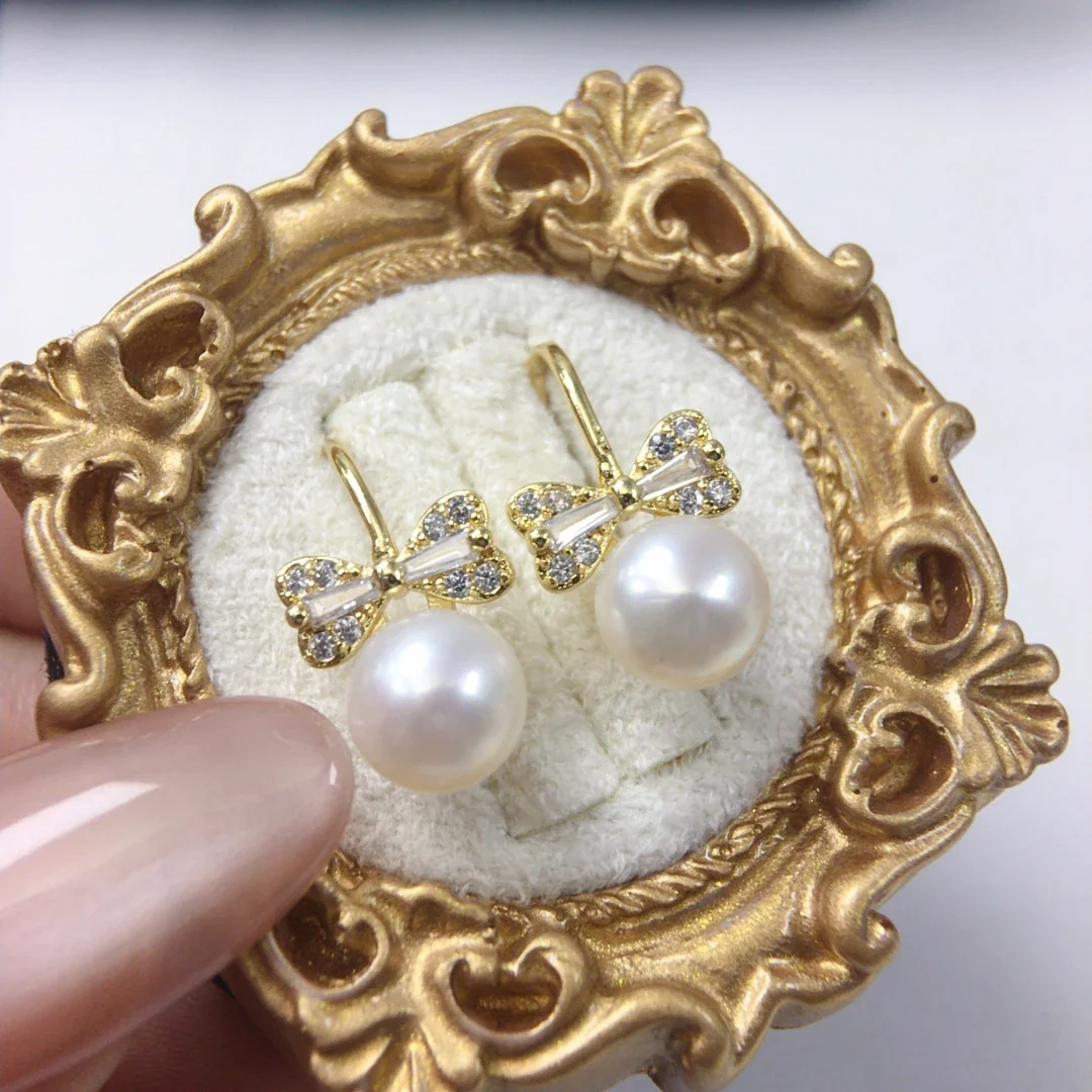 Delicate Gold-Plated Bow Baguette CZ Freshwater Pearl Drop Earrings