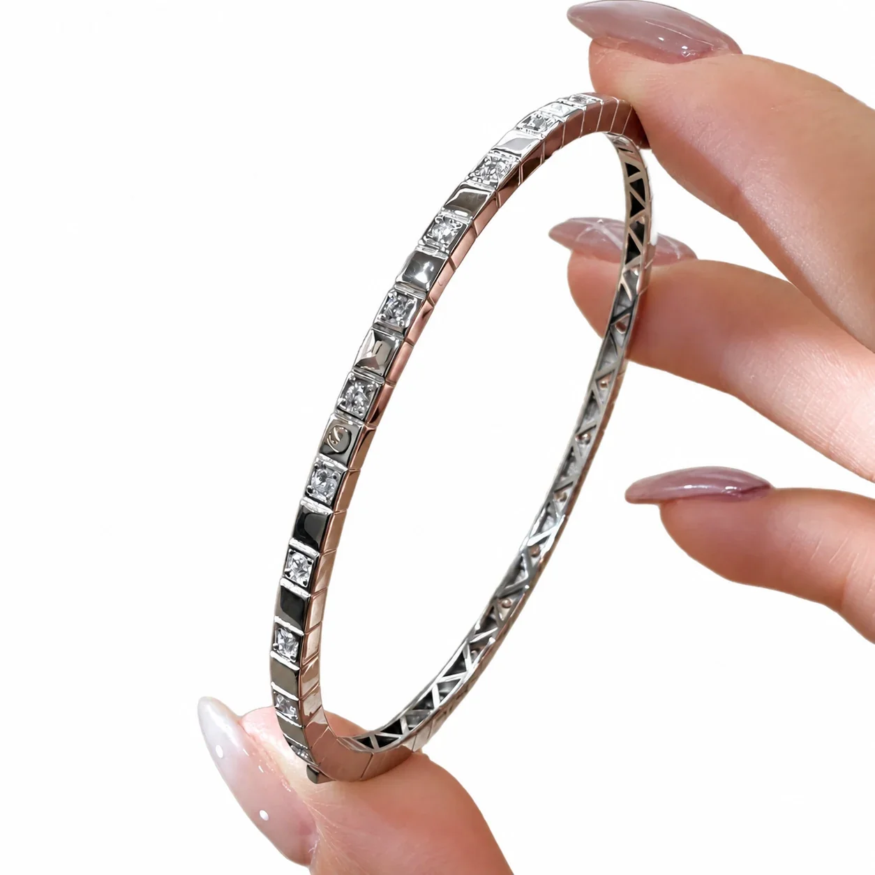 Geometric Open Square-Set Clear Stone 925 Sterling Silver Bangle