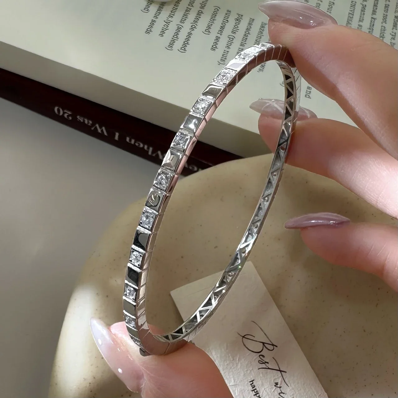 Geometric Open Square-Set Clear Stone 925 Sterling Silver Bangle