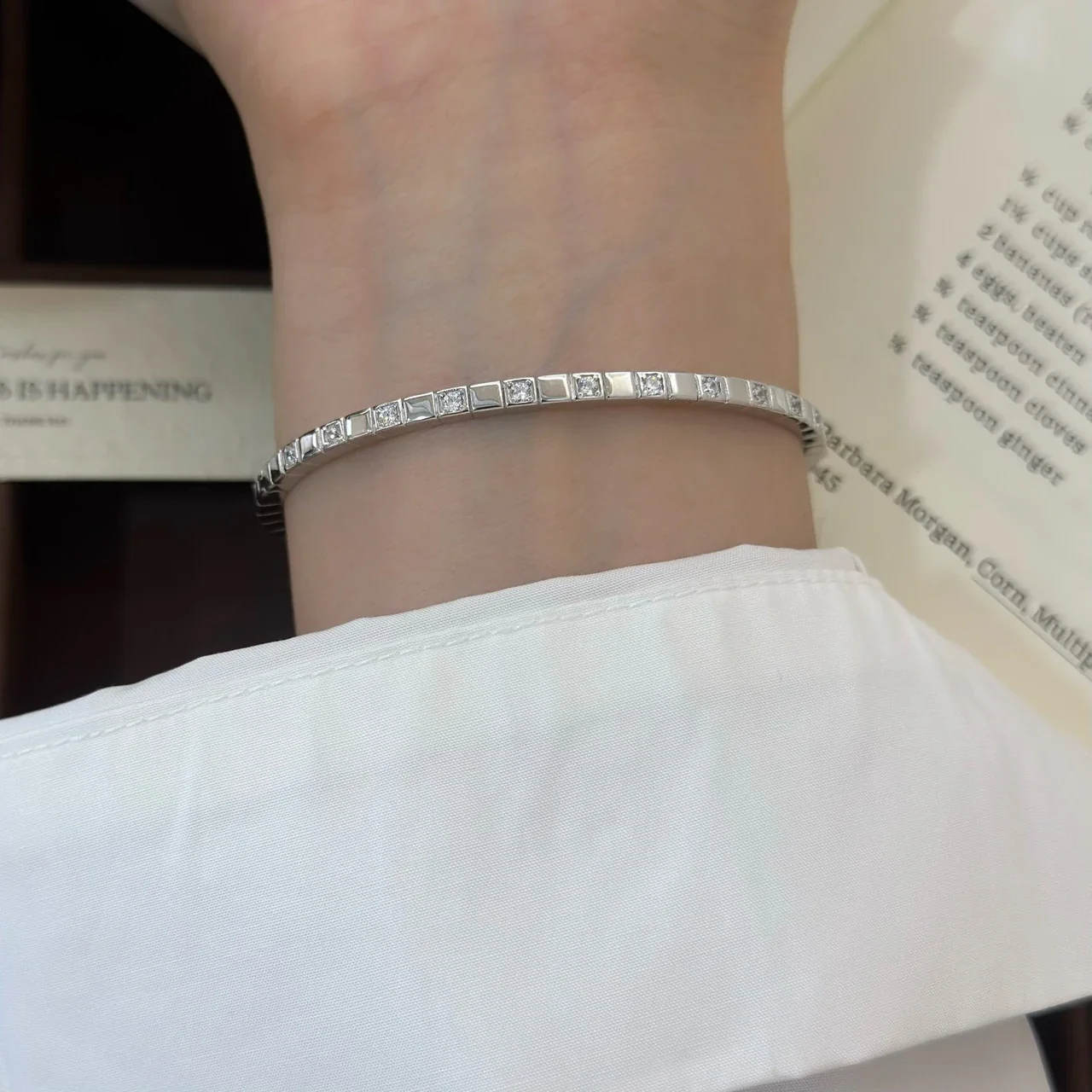 Geometric Open Square-Set Clear Stone 925 Sterling Silver Bangle