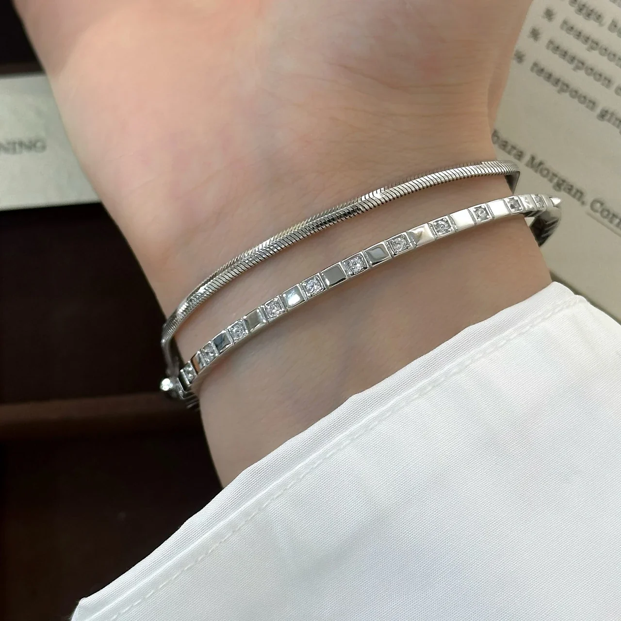 Geometric Open Square-Set Clear Stone 925 Sterling Silver Bangle