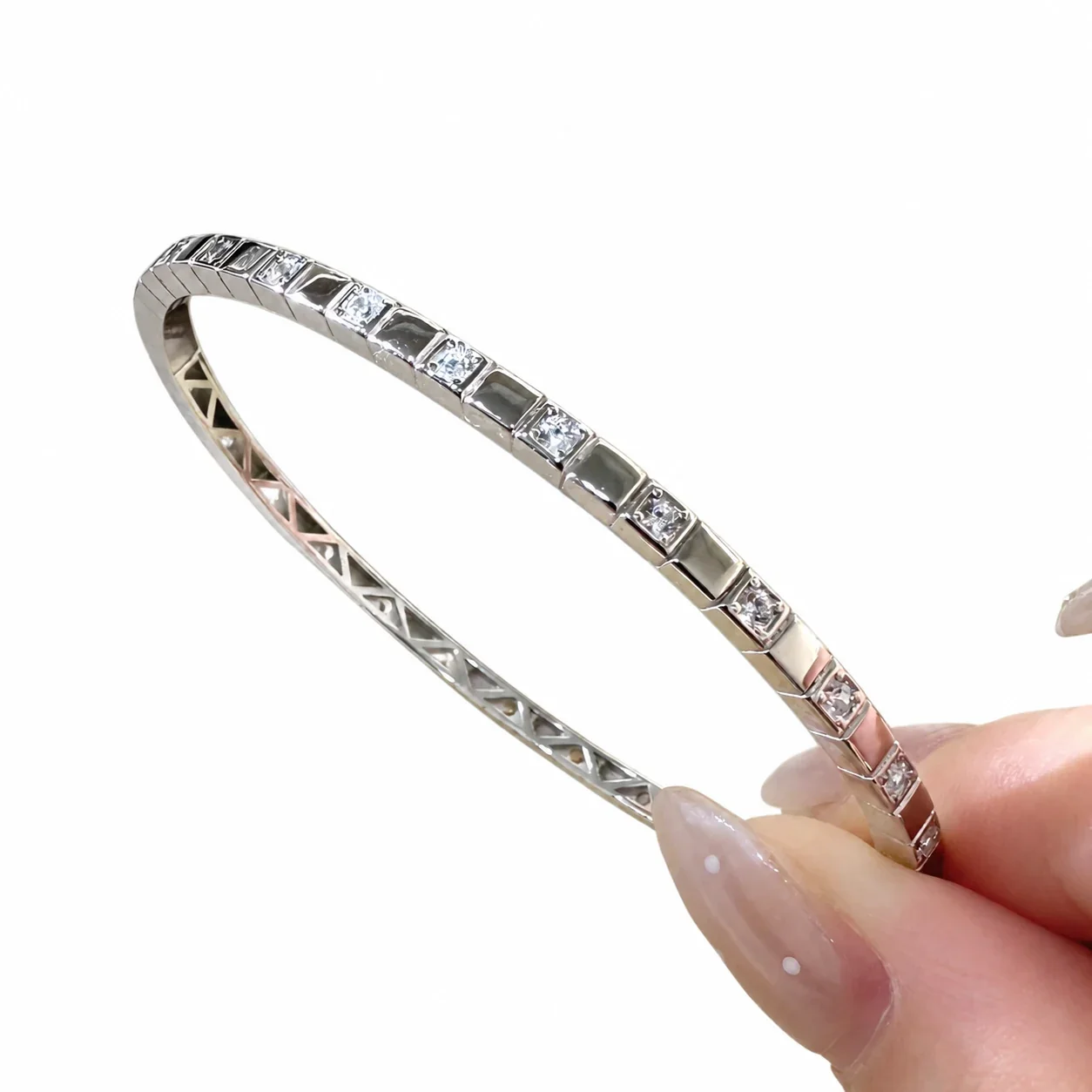 Geometric Open Square-Set Clear Stone 925 Sterling Silver Bangle - Open