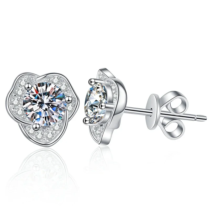 Camellia 925 Sterling Silver Round Moissanite Stud Earrings