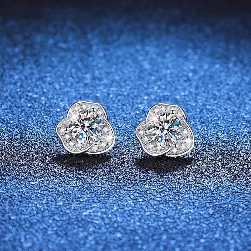 Camellia 925 Sterling Silver Round Moissanite Stud Earrings