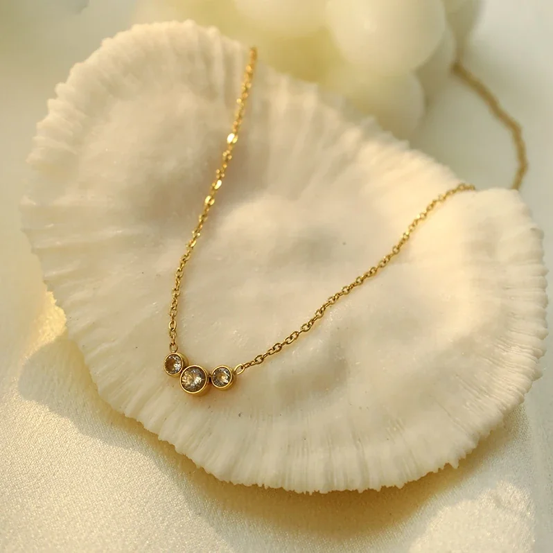 Delicate Gold-Plated Stainless Steel Triple Bezel Crystal Necklace