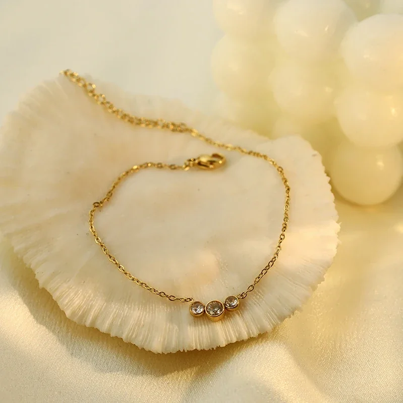 Delicate Gold-Plated Stainless Steel Triple Bezel Crystal Necklace