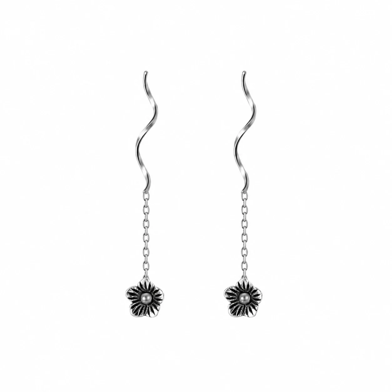 Antique 925 Sterling Silver Five-Petal Flower Threader Earrings