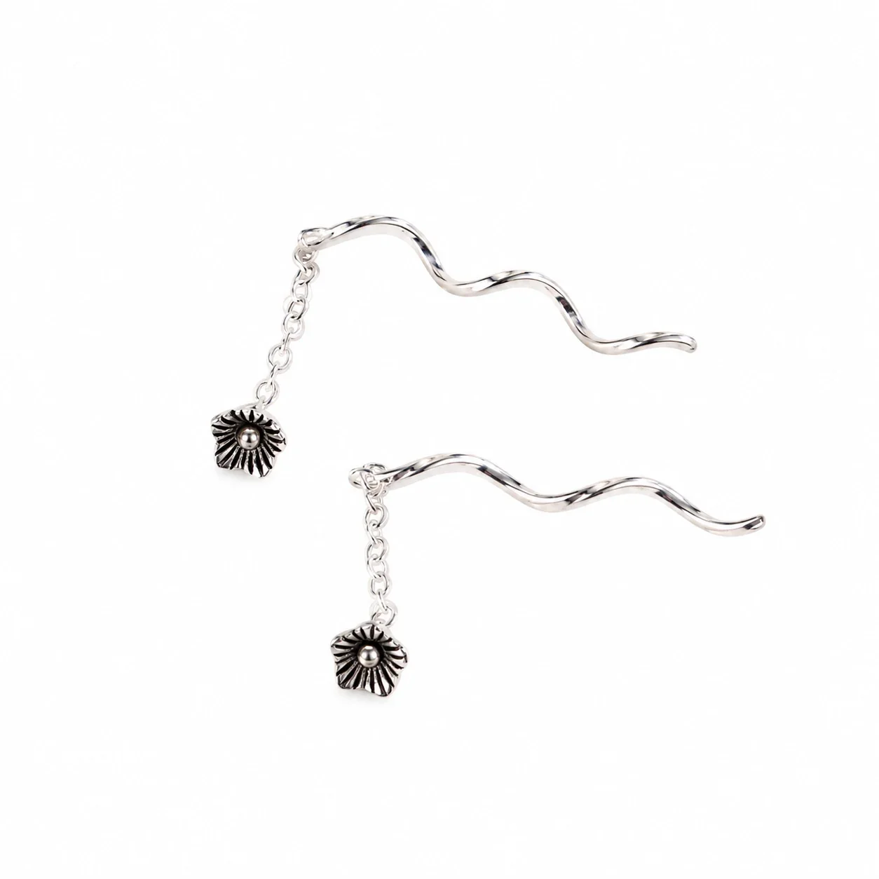Antique 925 Sterling Silver Five-Petal Flower Threader Earrings