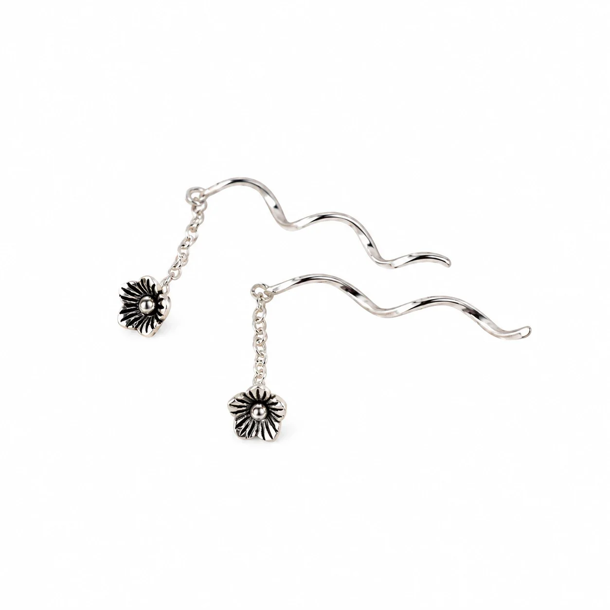 Antique 925 Sterling Silver Five-Petal Flower Threader Earrings