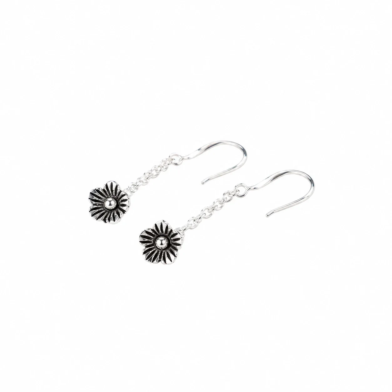 Antique 925 Sterling Silver Five-Petal Flower Threader Earrings