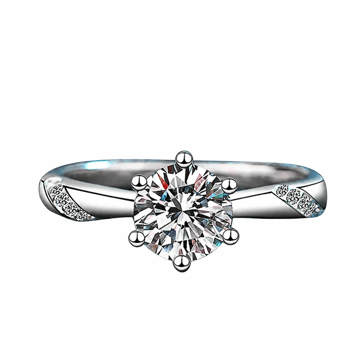 Sweeping Pavé Six-Prong Round Moissanite 925 Sterling Silver Ring