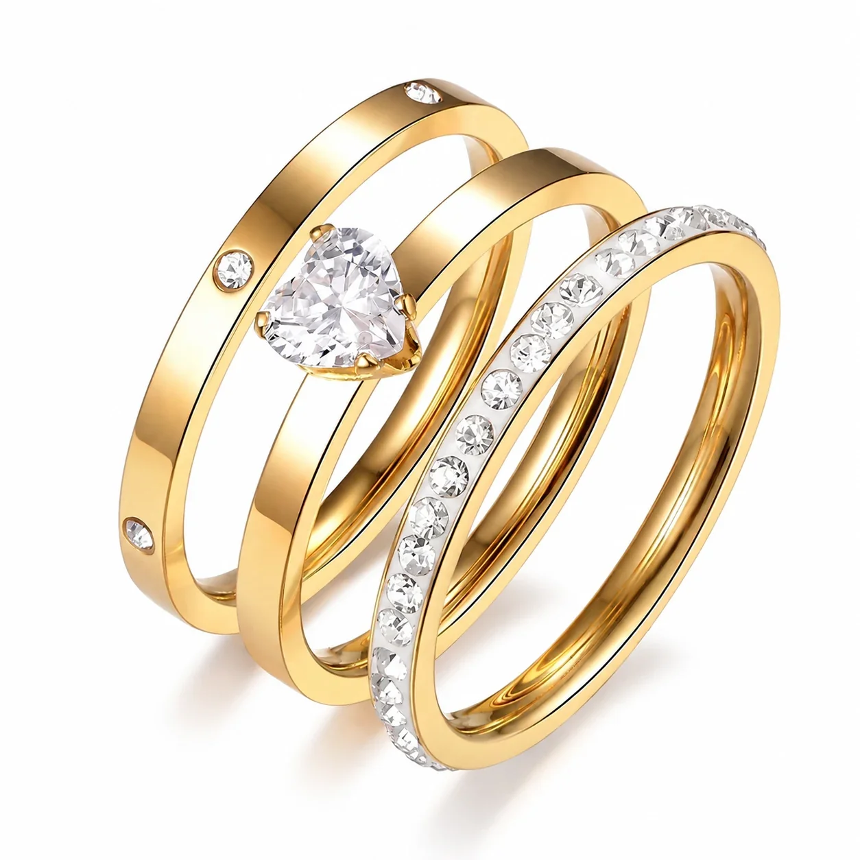 Radiant 18K Gold-Plated Heart Stone Three-Ring Set