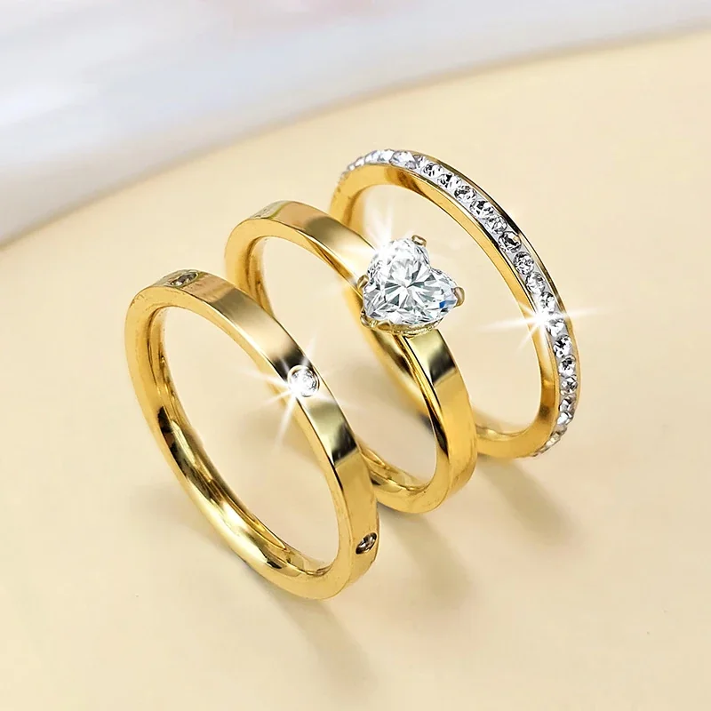 Radiant 18K Gold-Plated Heart Stone Three-Ring Set
