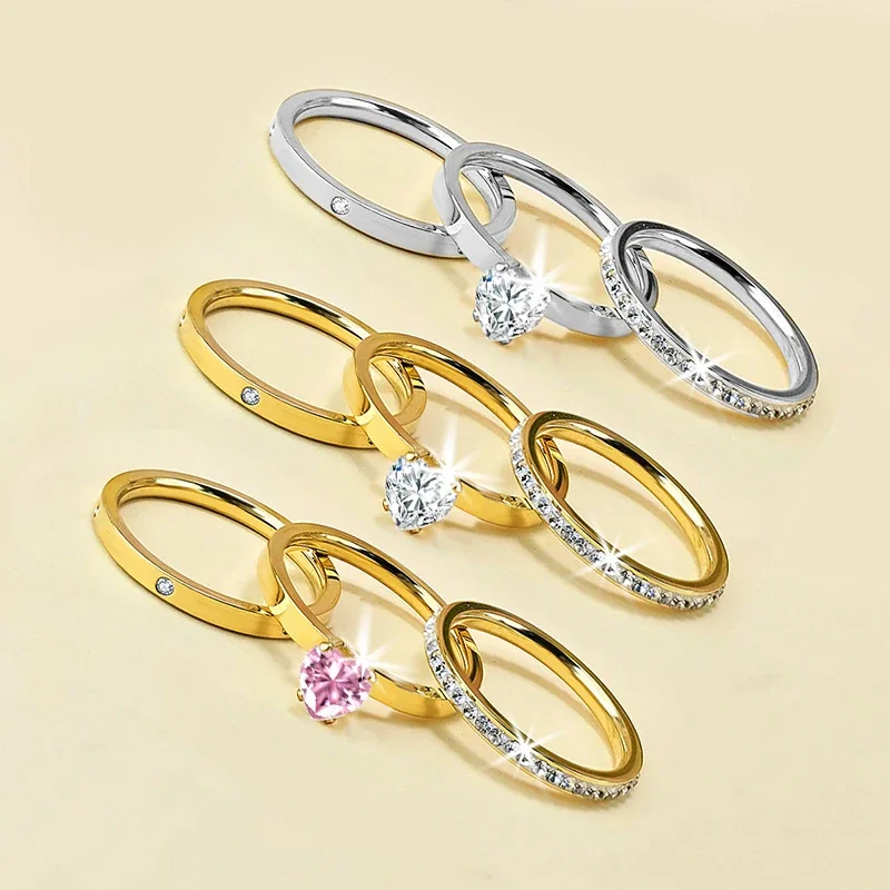 Radiant 18K Gold-Plated Heart Stone Three-Ring Set