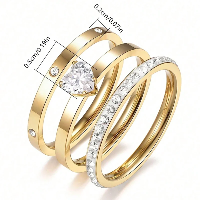 Radiant 18K Gold-Plated Heart Stone Three-Ring Set