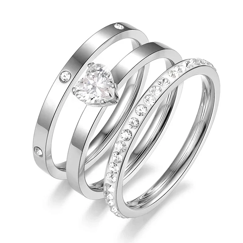 Radiant 18K Gold-Plated Heart Stone Three-Ring Set - Silver White CZ